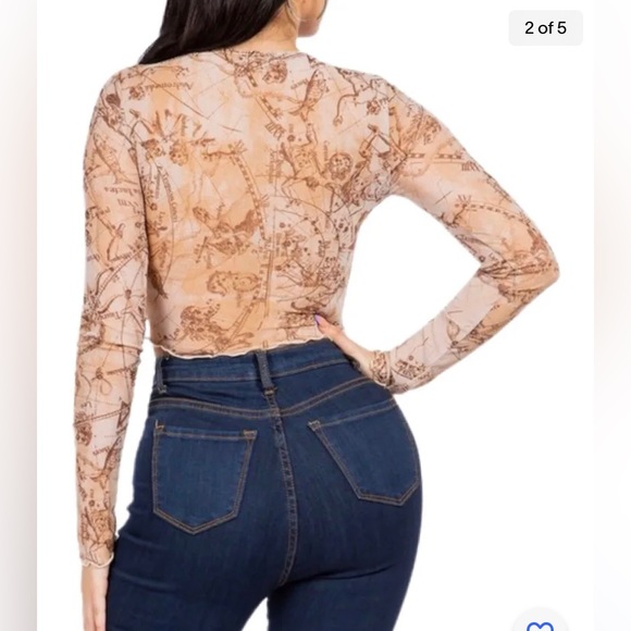 LONG SLEEVE HOROSCOPE Arrow PRINTED MESH CROP TOP rave party new Cropped Y2K V2K - Picture 3 of 3